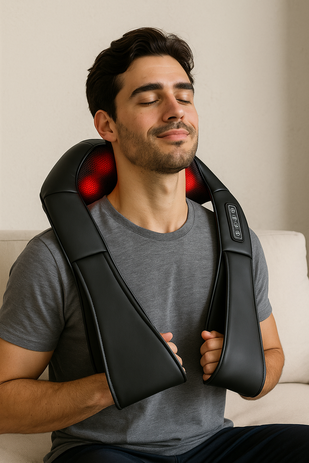 Man using a black massage device on his shoulders in a living room setting.