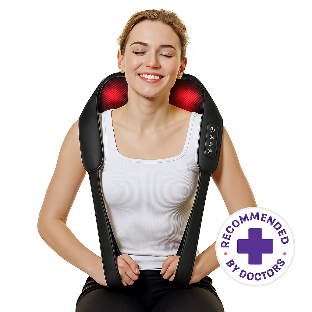 Woman using a neck and shoulder massager with a 'Recommended by Doctors' badge on a white background