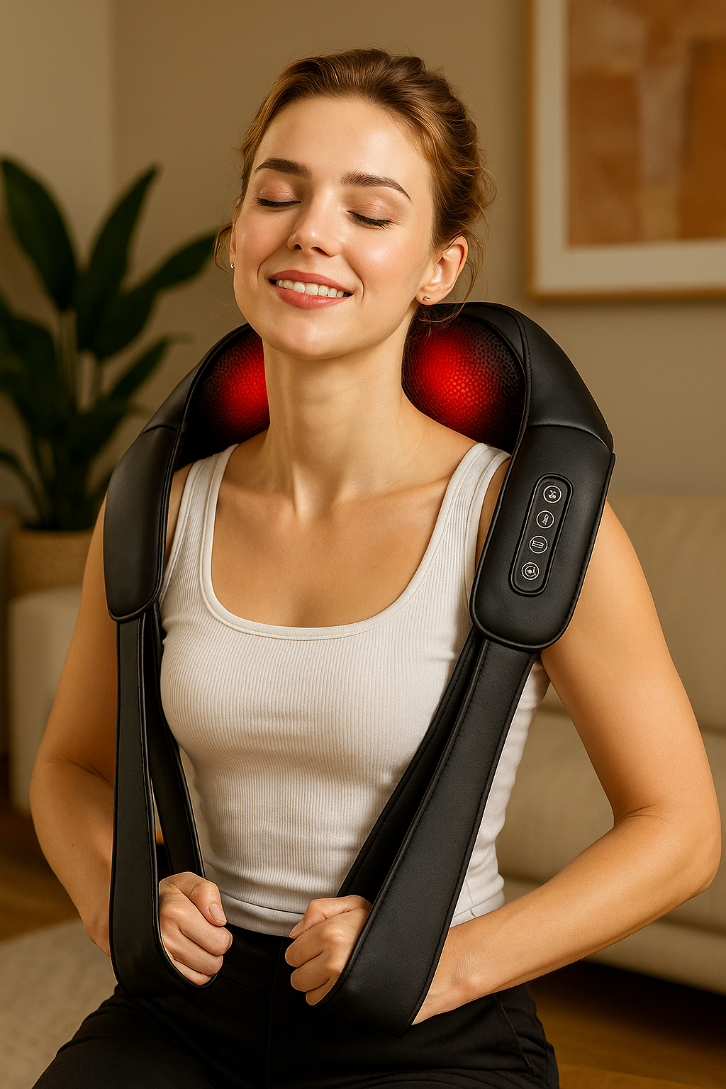 Woman using a neck and shoulder massager in a home setting