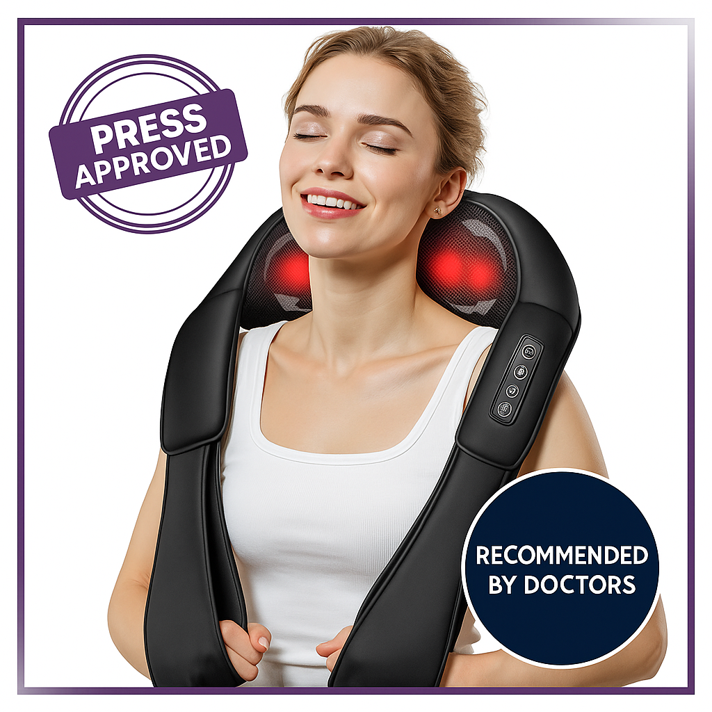 Woman using a neck and shoulder massager with 'Press Approved' and 'Recommended by Doctors' labels.