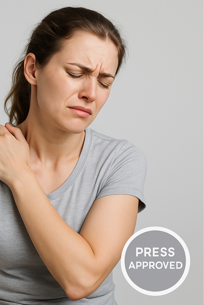Woman with shoulder pain holding her arm, with 'Before' label and 'Press Approved' badge on gray background